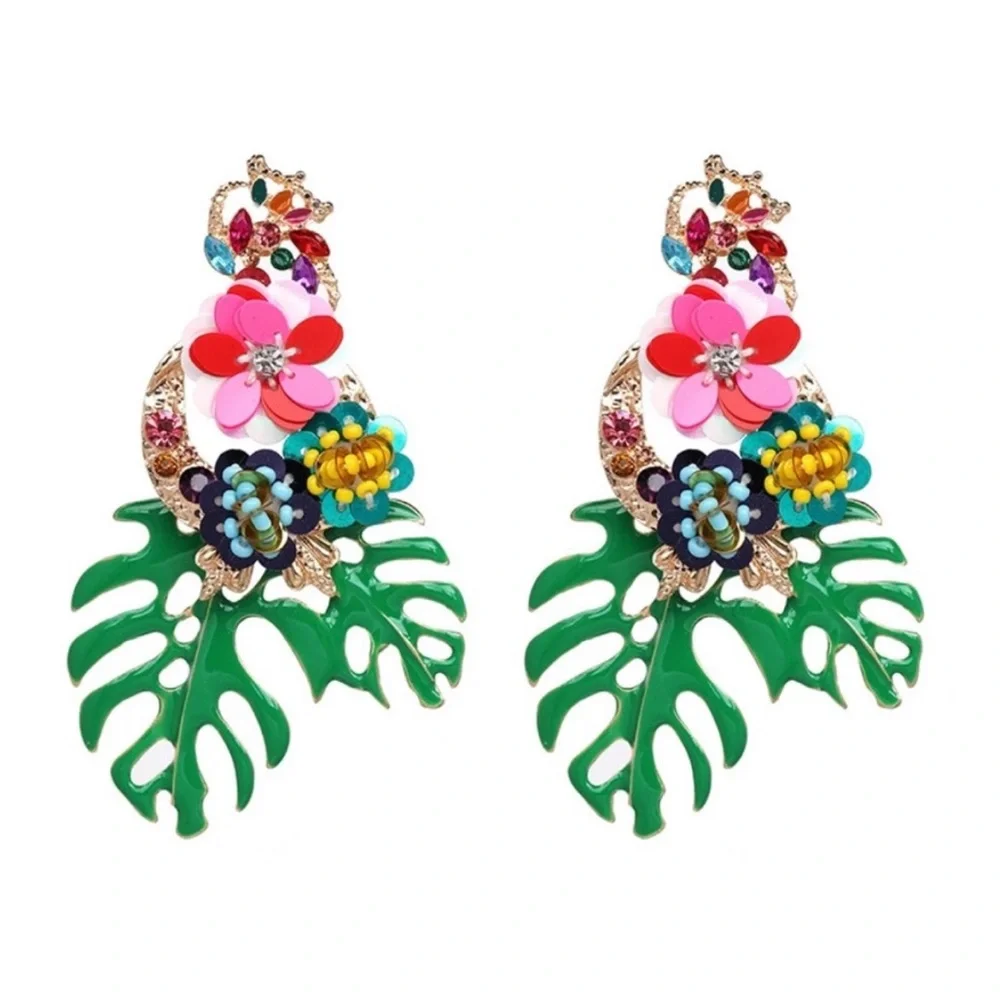 Green Monstera Leaf Tropical Earrings - Picture 2 of 5